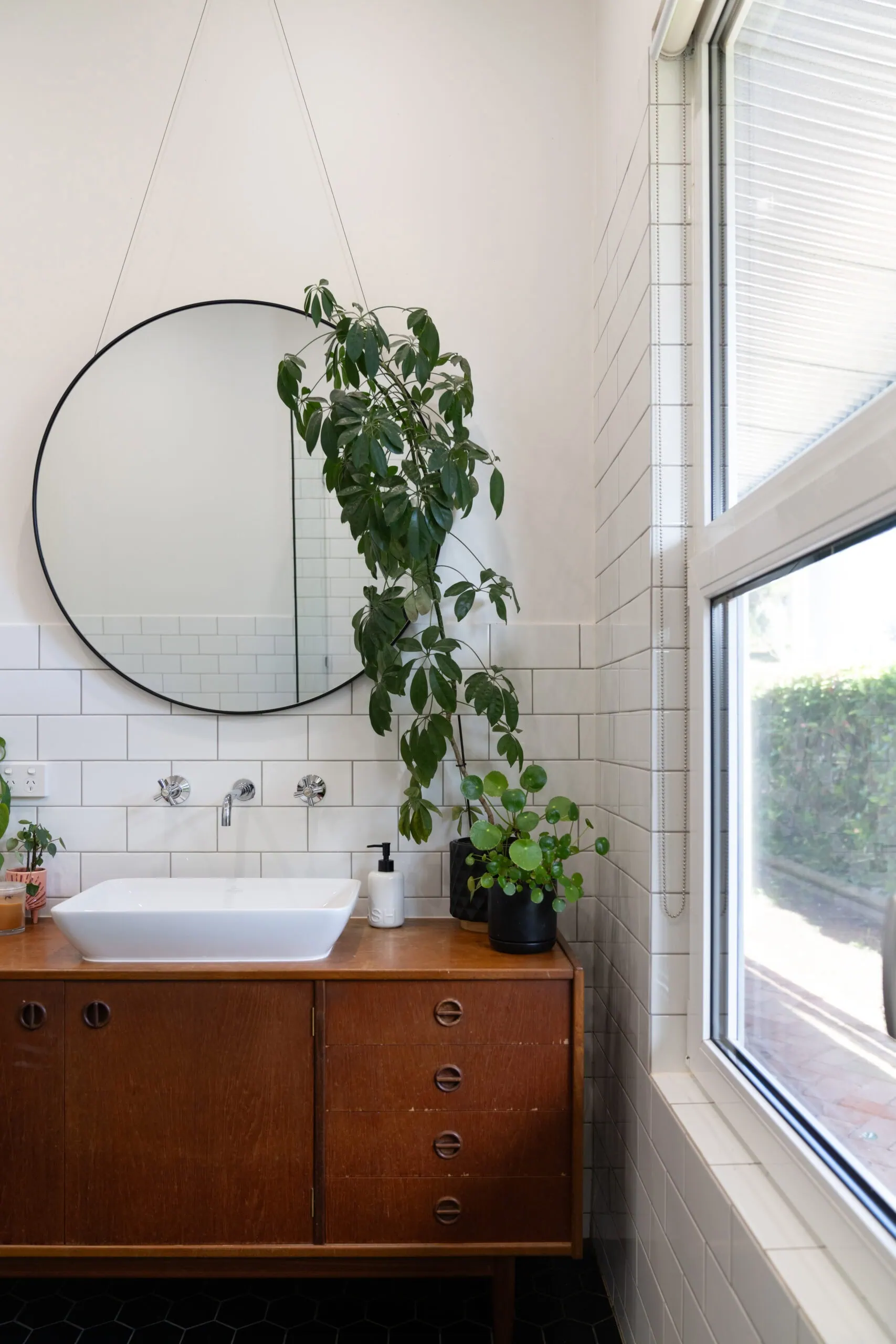 Bathroom vanity with white basin, plants, and mirror in a contemporary Aussie home.