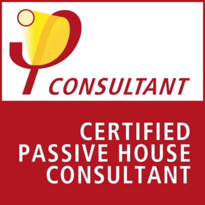 Certified Passive House Consultant badge with trophy icon and red background.
