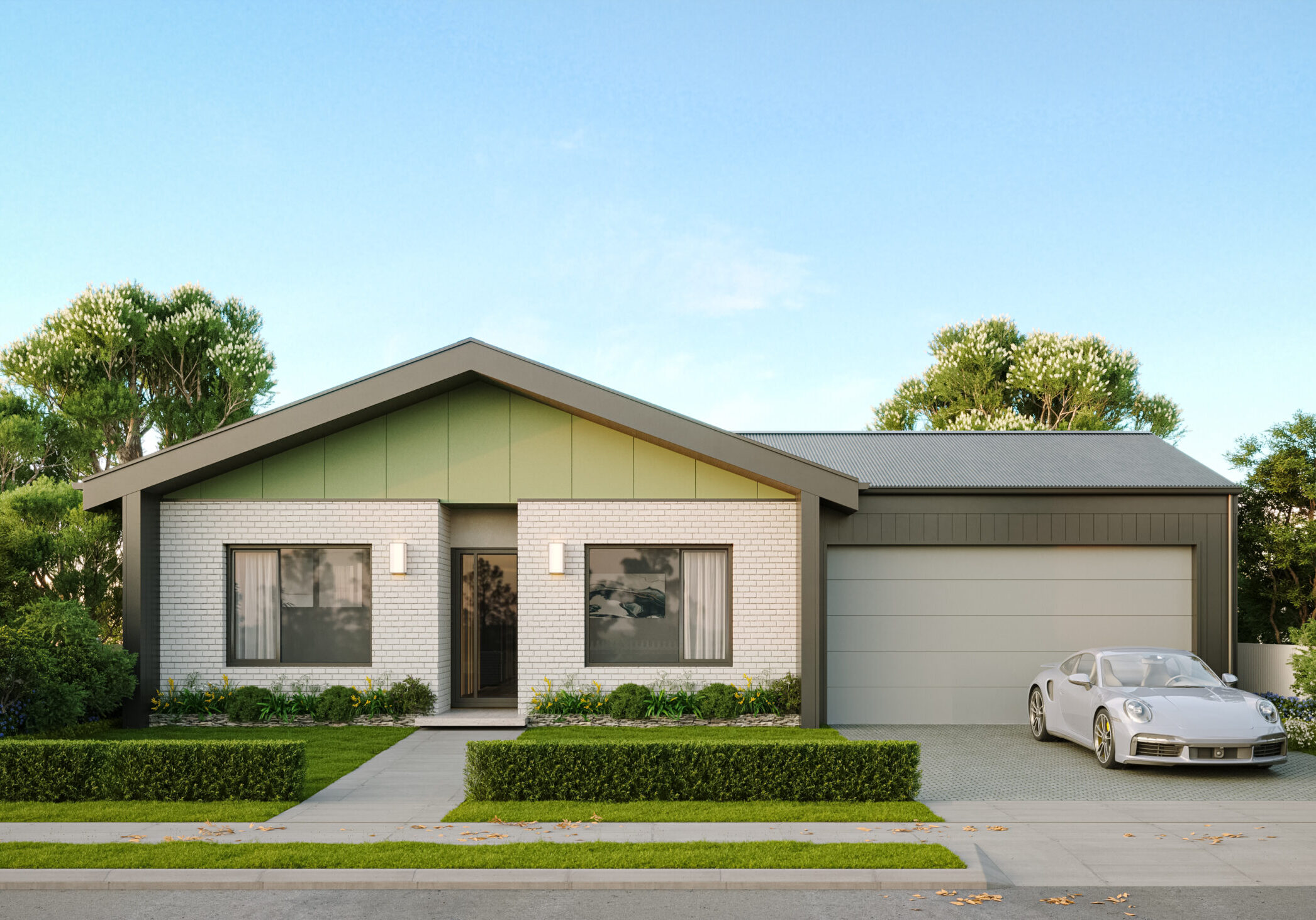 Elegant contemporary house with green exterior accents and landscaped garden.