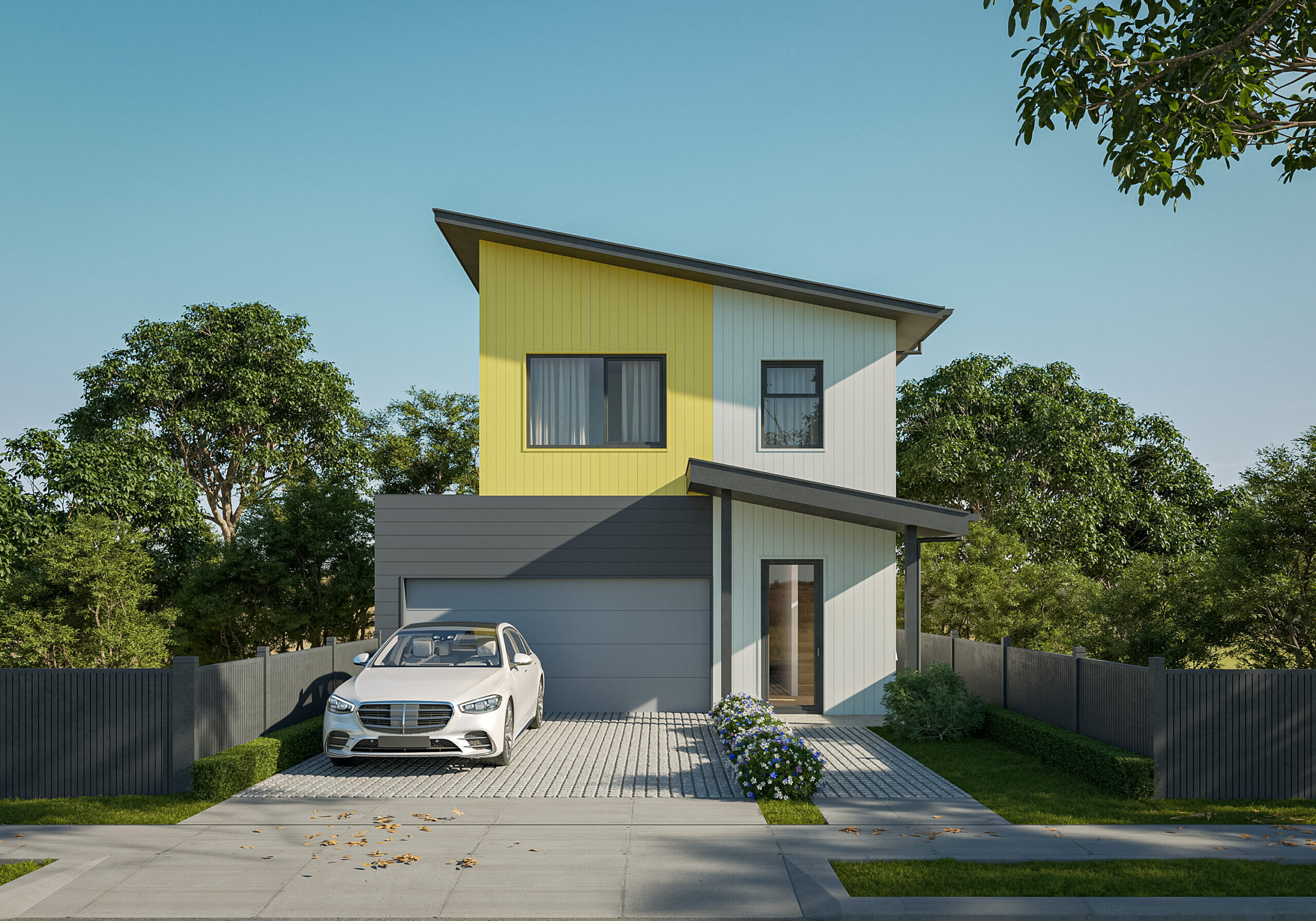 Modern two-storey house with colorful exterior, driveway, and garden.